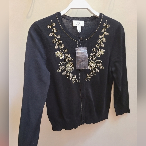 NWT Ann Taylor for LOFT Wool Blend Black Cardigan with Embroidery - Size S - Picture 2 of 7